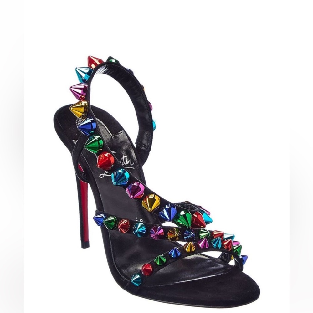 Christian Louboutin Black Leather Multicolor Spike Slingback Sandals